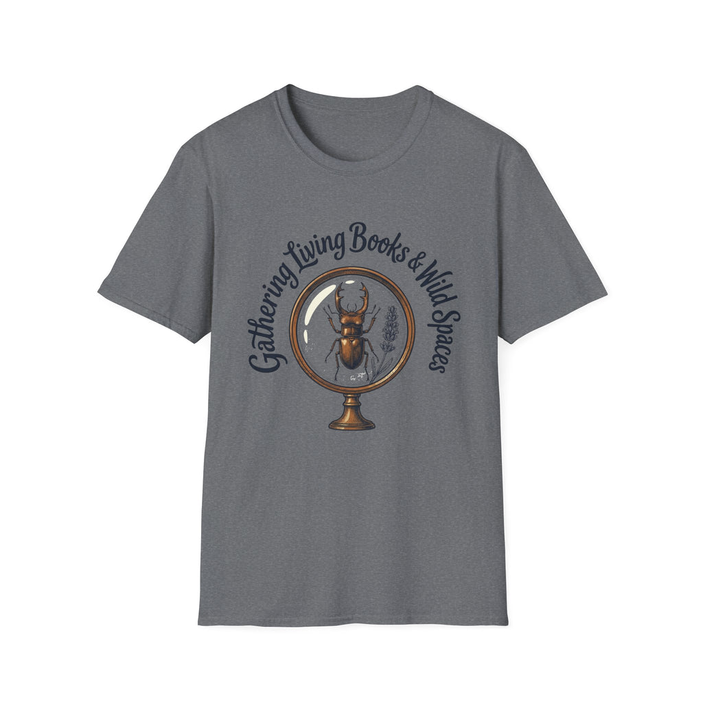 Gathering Living Books homeschool mom graphic t-shirt with a gathered-at-home inspired graphic with books, florals, and cozy family learning details