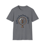 Gathering Living Books homeschool mom graphic t-shirt with a gathered-at-home inspired graphic with books, florals, and cozy family learning details