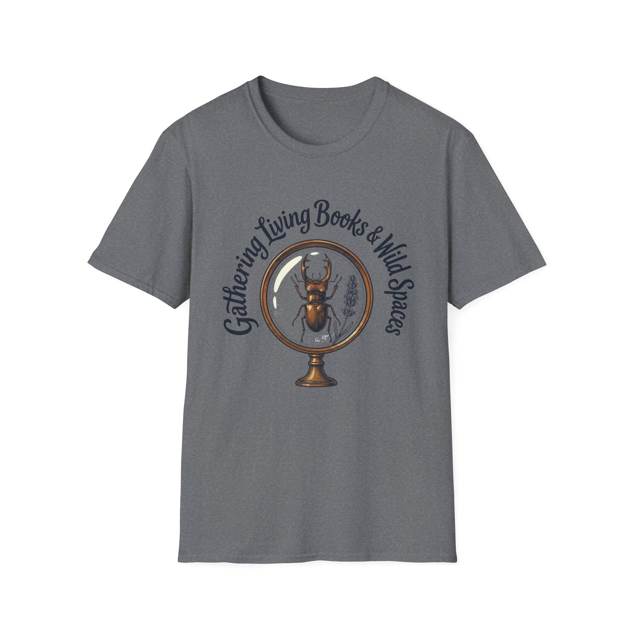 Gathering Living Books homeschool mom graphic t-shirt with a gathered-at-home inspired graphic with books, florals, and cozy family learning details