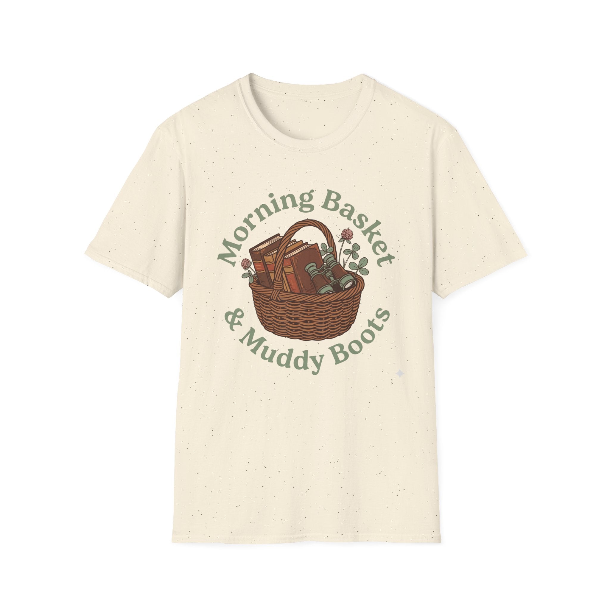 Morning Basket, Muddy Boots homeschool mom graphic t-shirt with a cozy morning basket-inspired design with books, gentle details, and home learning charm