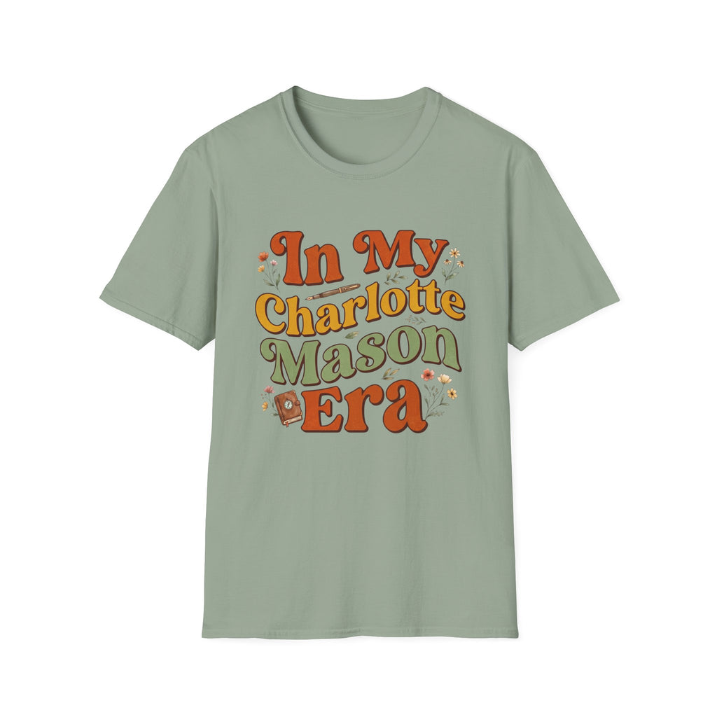 In My Charlotte Mason Era homeschool mom graphic t-shirt with a Charlotte Mason-inspired design with books, nature details, and vintage homeschool charm