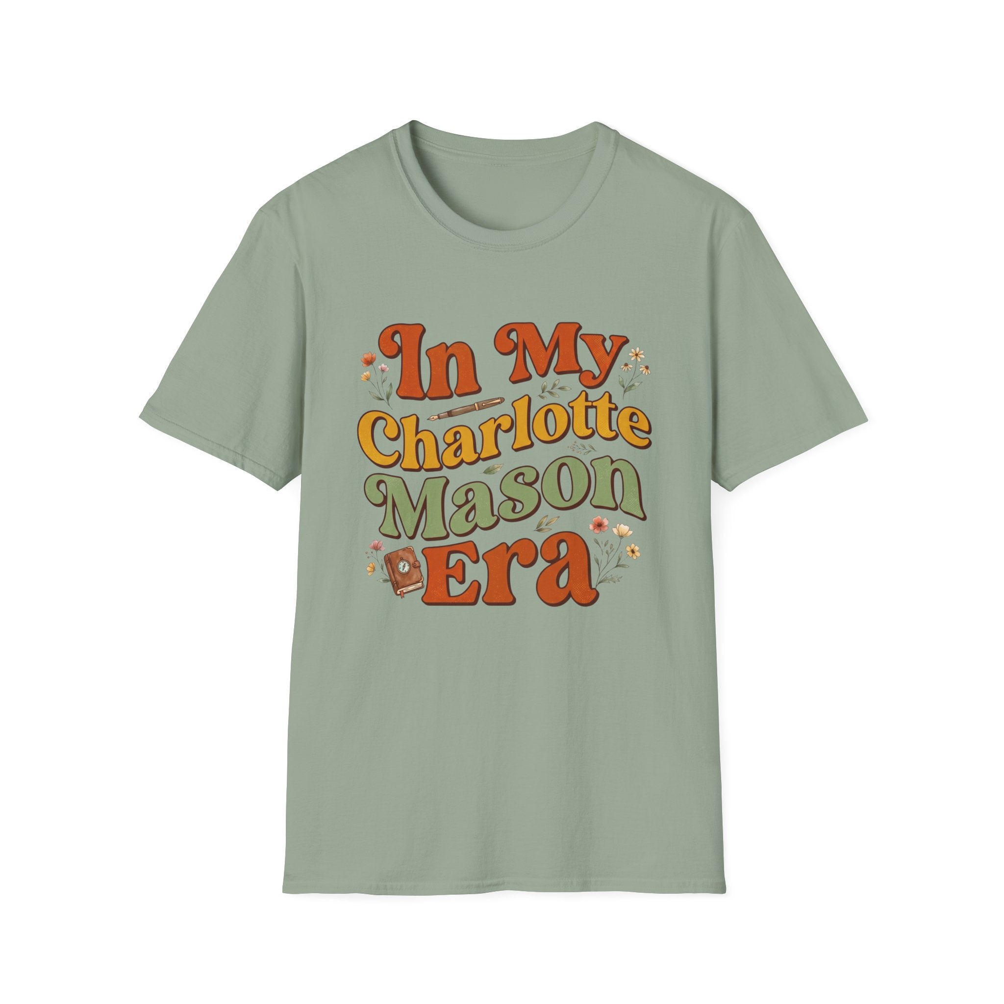 In My Charlotte Mason Era homeschool mom graphic t-shirt with a Charlotte Mason-inspired design with books, nature details, and vintage homeschool charm