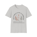 The World Is My Classroom homeschool mom graphic t-shirt with an adventurous homeschool graphic with nature, books, and outdoor learning energy