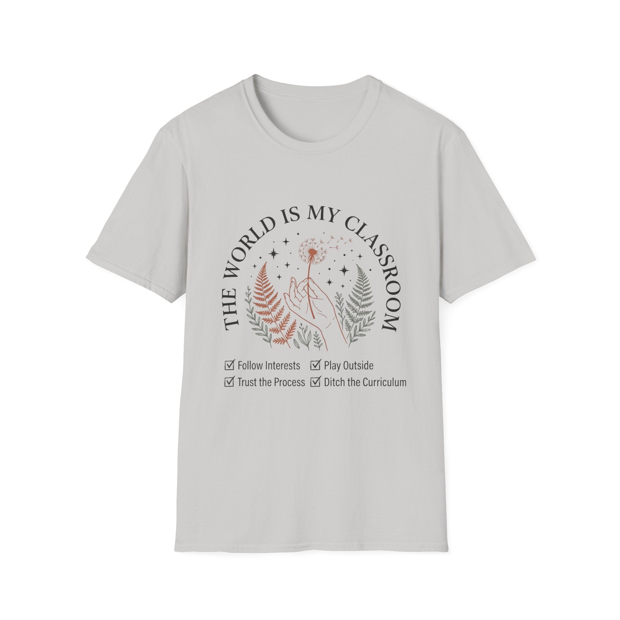 The World Is My Classroom homeschool mom graphic t-shirt with an adventurous homeschool graphic with nature, books, and outdoor learning energy