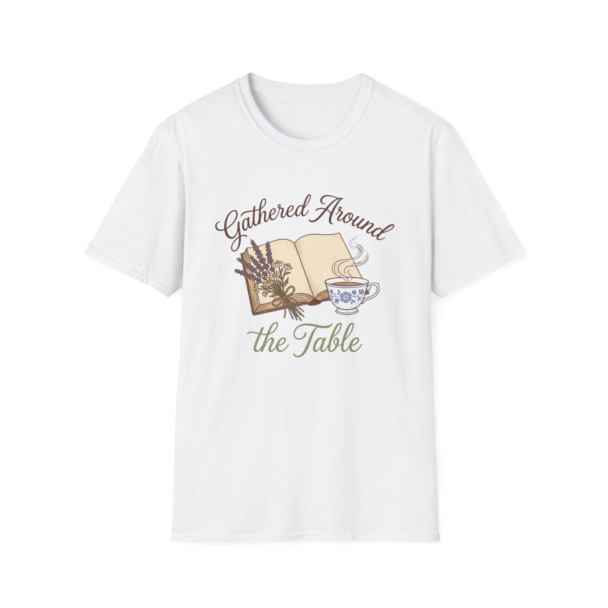 Gathered Around The Table homeschool mom graphic t-shirt with a gathered-at-home inspired graphic with books, florals, and cozy family learning details