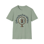 Gathering Living Books homeschool mom graphic t-shirt with a gathered-at-home inspired graphic with books, florals, and cozy family learning details