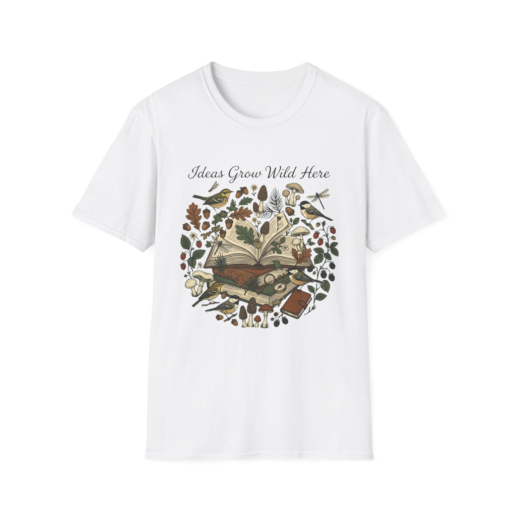 Ideas Grow Wild Here homeschool mom graphic t-shirt with an adventurous homeschool graphic with nature, books, and outdoor learning energy