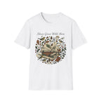 Ideas Grow Wild Here homeschool mom graphic t-shirt with an adventurous homeschool graphic with nature, books, and outdoor learning energy