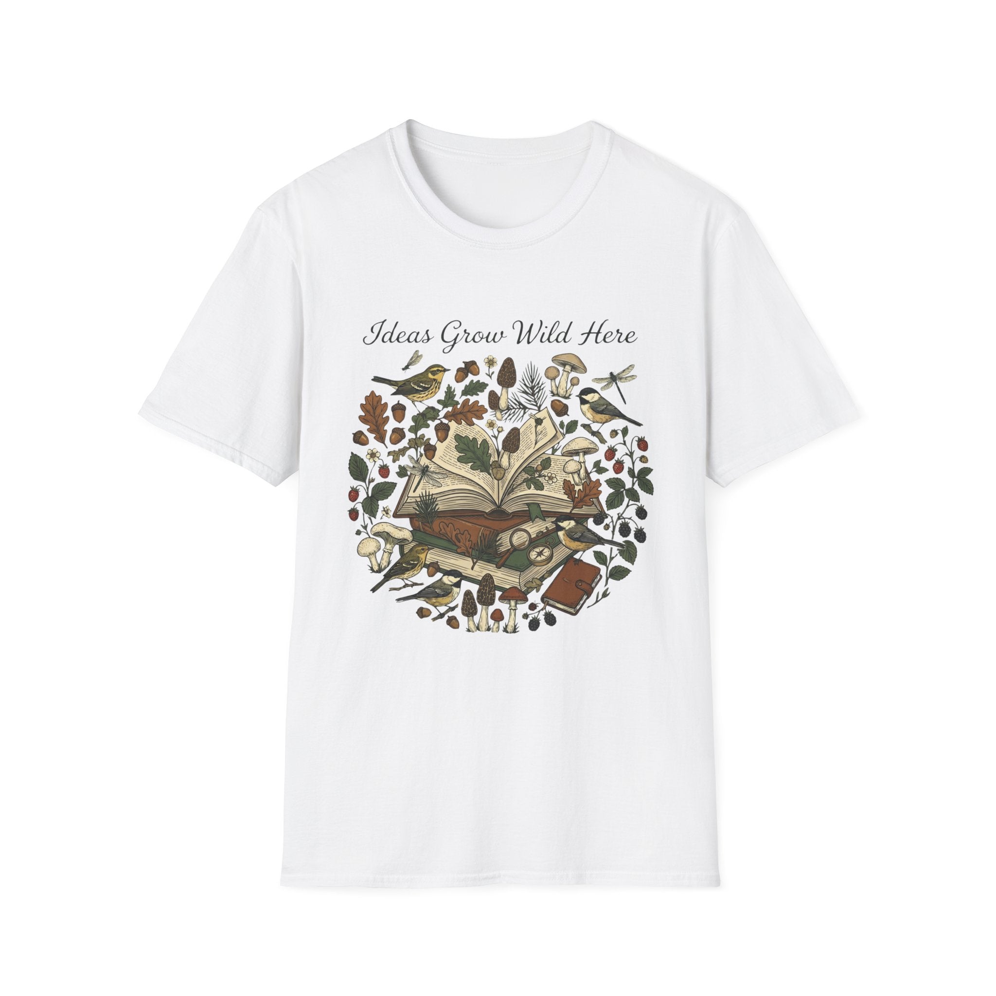 Ideas Grow Wild Here homeschool mom graphic t-shirt with an adventurous homeschool graphic with nature, books, and outdoor learning energy