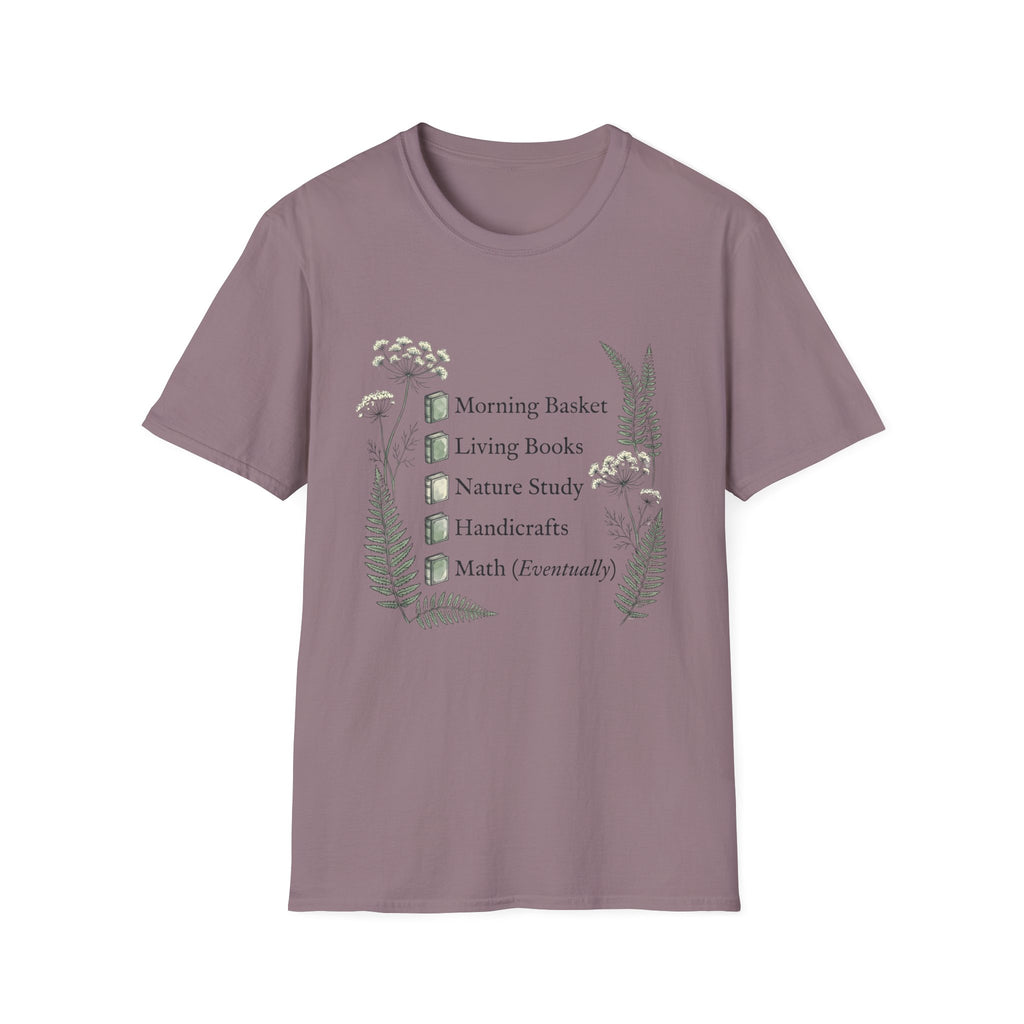 Homeschool Mom Check List homeschool mom graphic t-shirt with a playful checklist-style homeschool graphic with nature-inspired details