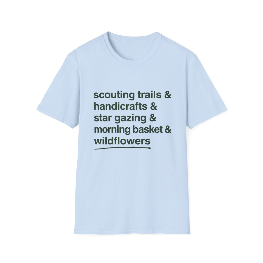 Scouting Trails Check List homeschool mom graphic t-shirt with a playful checklist-style homeschool graphic with bookish and nature-inspired details