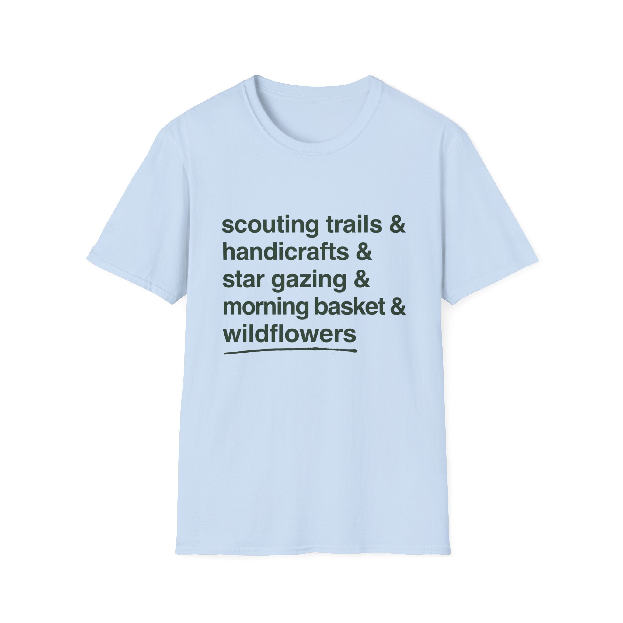 Scouting Trails Check List homeschool mom graphic t-shirt with a playful checklist-style homeschool graphic with bookish and nature-inspired details