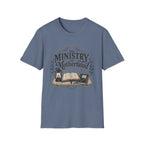 The Ministry Of Motherhood homeschool mom graphic t-shirt with a faith-filled homeschool design with gentle lettering and classic illustrative details