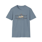 Gather Round The Morning Basket homeschool mom graphic t-shirt with a gathered-at-home inspired graphic with books, florals, and cozy family learning details