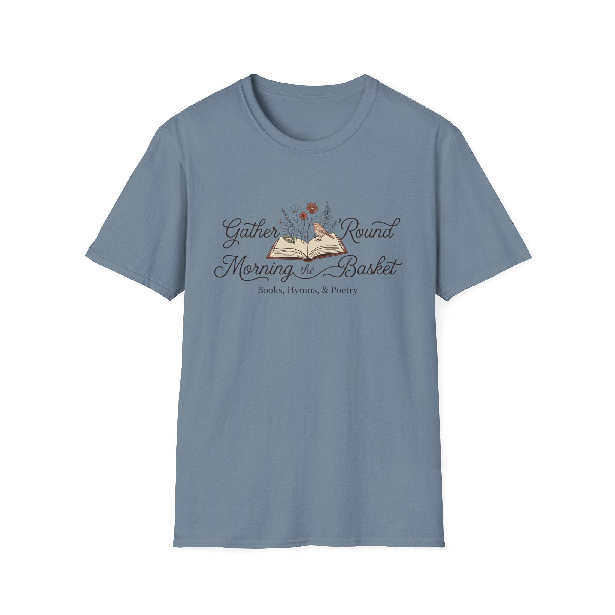 Gather Round The Morning Basket homeschool mom graphic t-shirt with a gathered-at-home inspired graphic with books, florals, and cozy family learning details