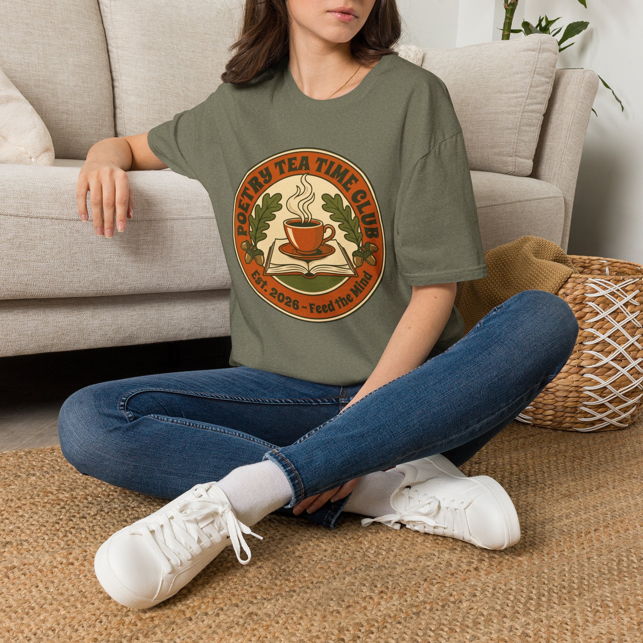 Poetry Tea Time Club homeschool mom graphic t-shirt with a cozy poetry teatime graphic with tea, books, and vintage homeschool charm