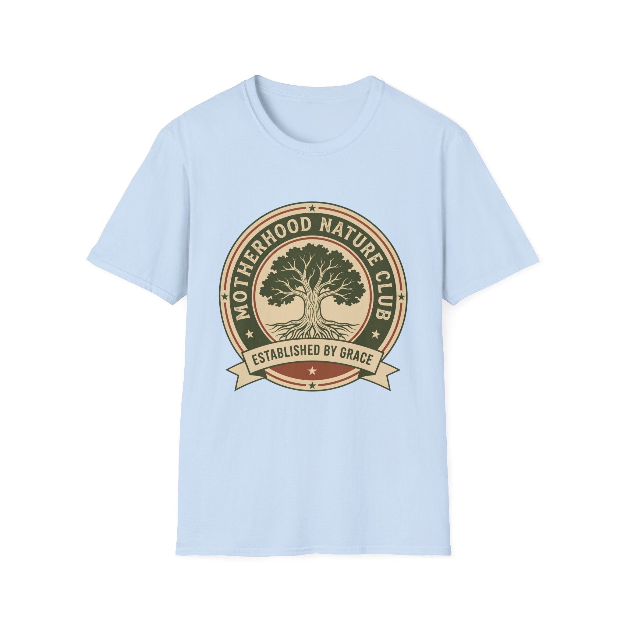 Motherhood Nature Club homeschool mom graphic t-shirt with a faith-filled homeschool design with gentle lettering and classic illustrative details