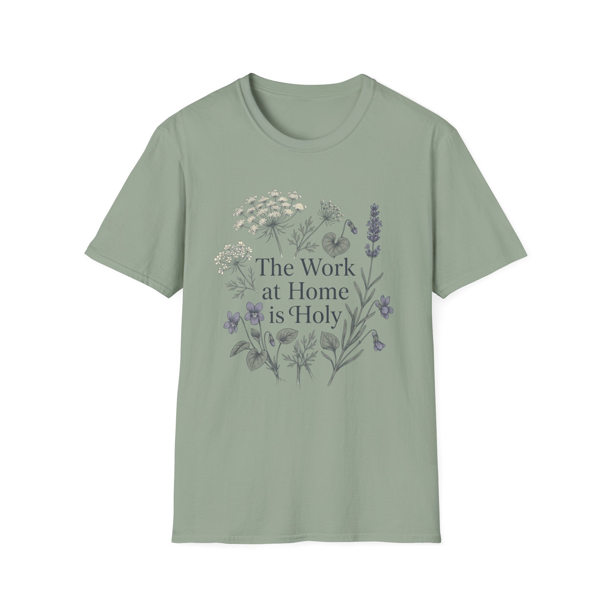 The Work At Home Is Holy homeschool mom graphic t-shirt with a gathered-at-home inspired graphic with books, florals, and cozy family learning details