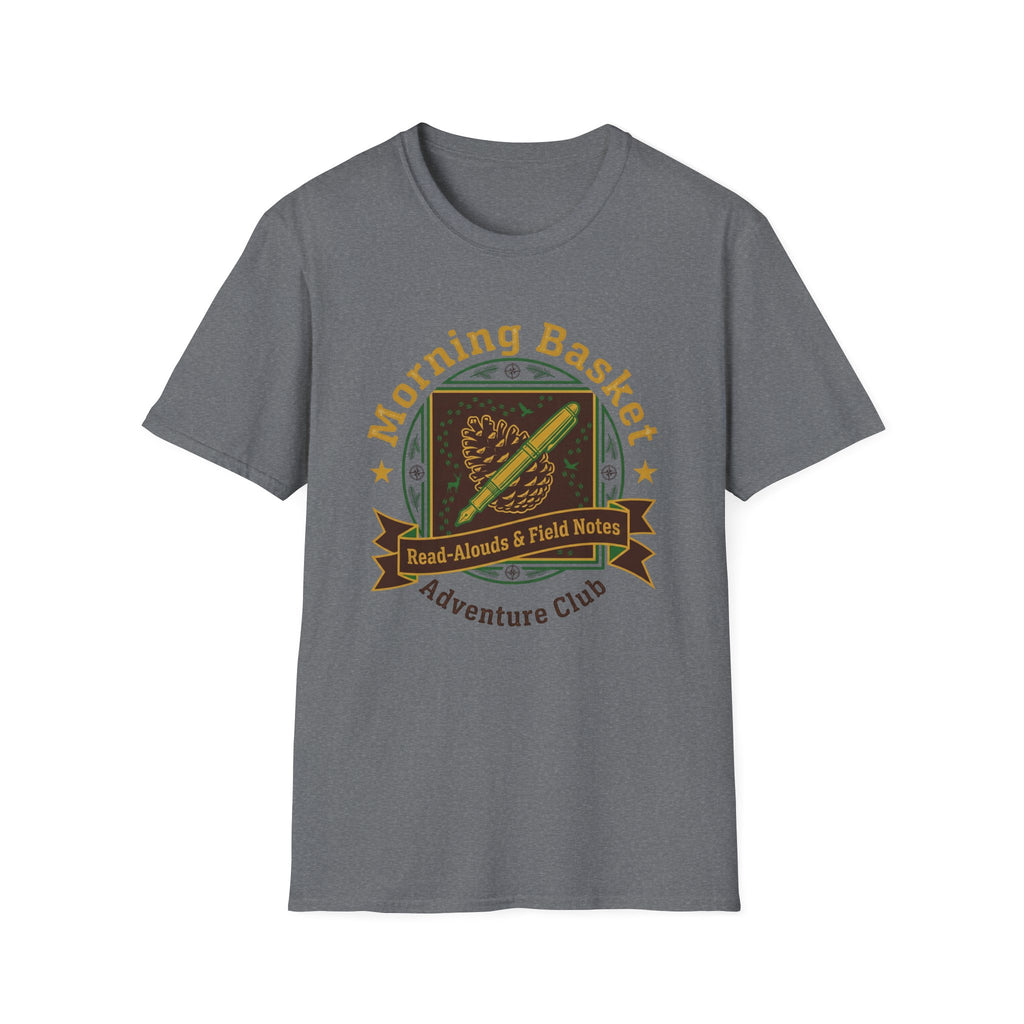 Morning Basket Adventure Club homeschool mom graphic t-shirt with a cozy morning basket-inspired design with books, gentle details, and home learning charm