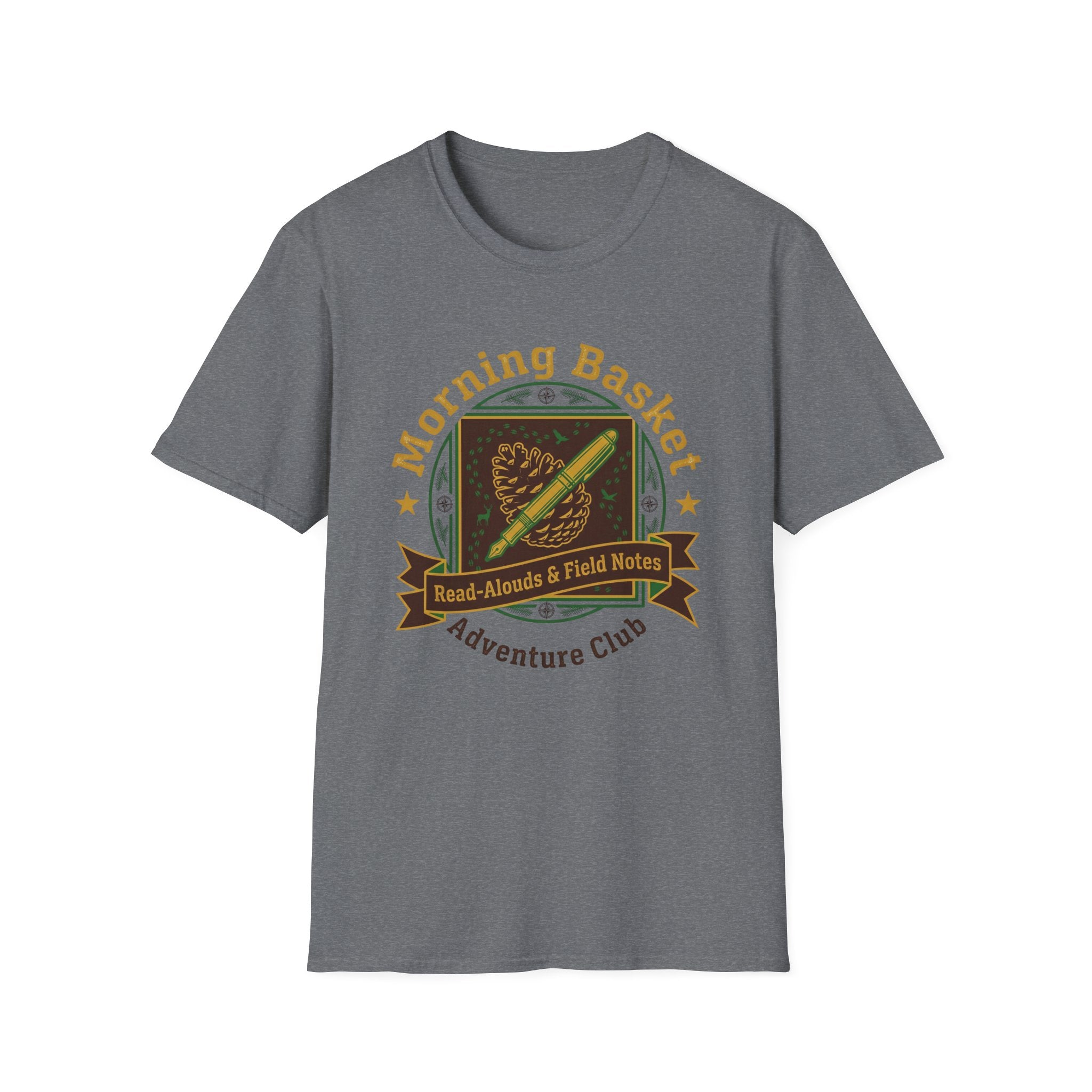 Morning Basket Adventure Club homeschool mom graphic t-shirt with a cozy morning basket-inspired design with books, gentle details, and home learning charm