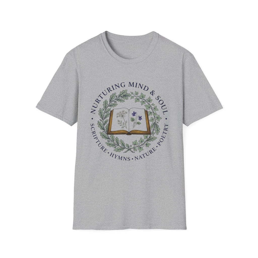 Nurturing Mind & Soul homeschool mom graphic t-shirt with a warm homeschool-inspired graphic with thoughtful lettering