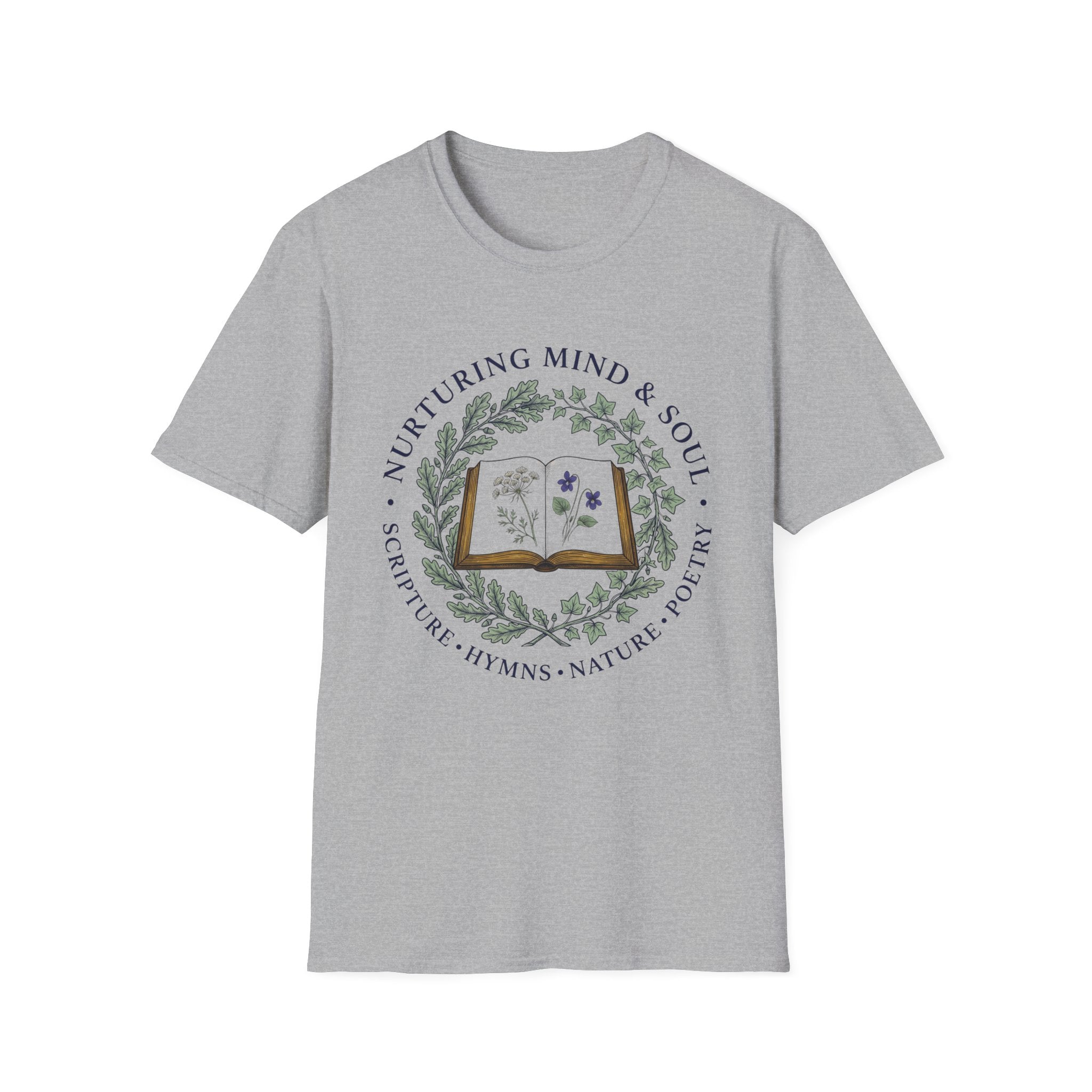 Nurturing Mind & Soul homeschool mom graphic t-shirt with a warm homeschool-inspired graphic with thoughtful lettering
