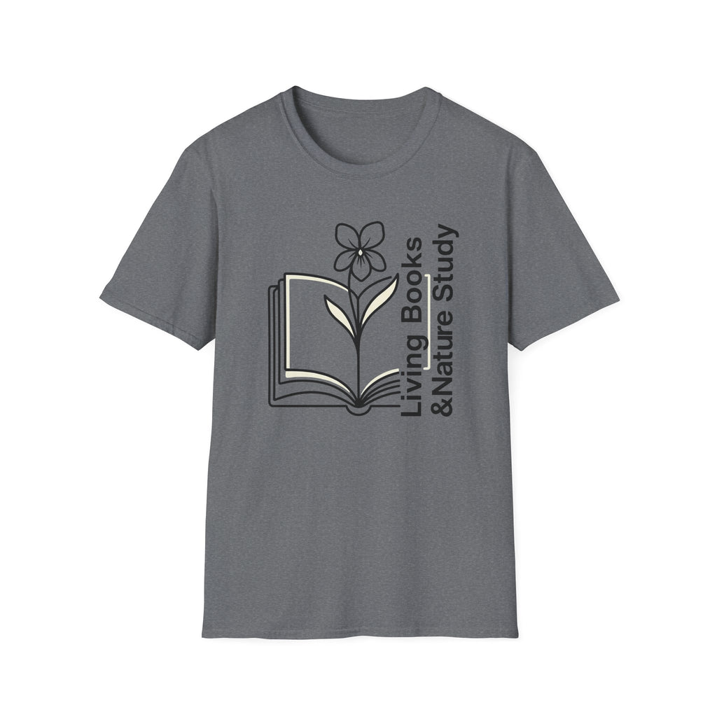 Living Books Nature Study with Flower homeschool mom graphic t-shirt with a Charlotte Mason-inspired design with books, nature details, and vintage homeschool charm