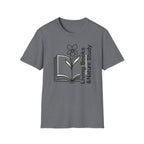 Living Books Nature Study with Flower homeschool mom graphic t-shirt with a Charlotte Mason-inspired design with books, nature details, and vintage homeschool charm