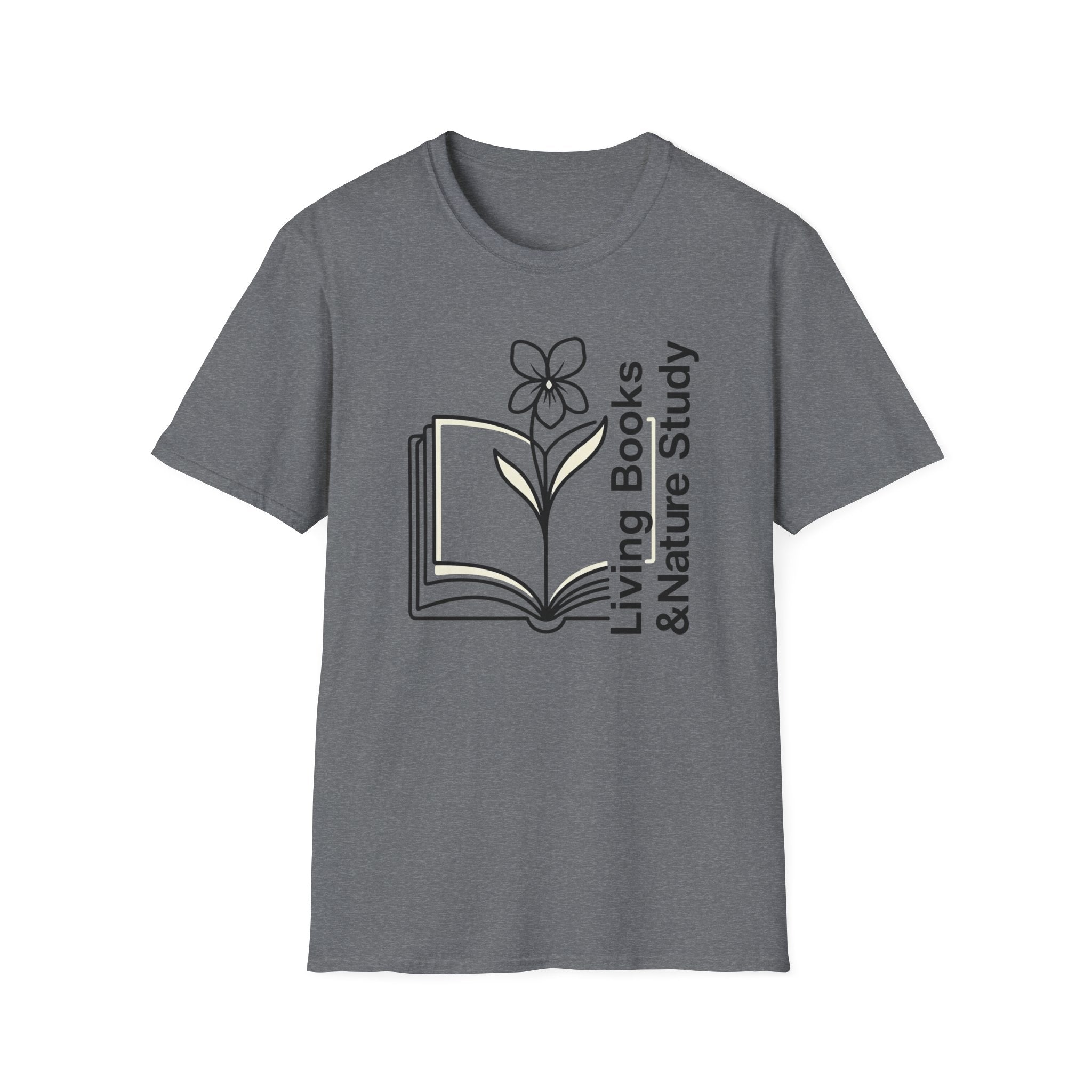Living Books Nature Study with Flower homeschool mom graphic t-shirt with a Charlotte Mason-inspired design with books, nature details, and vintage homeschool charm