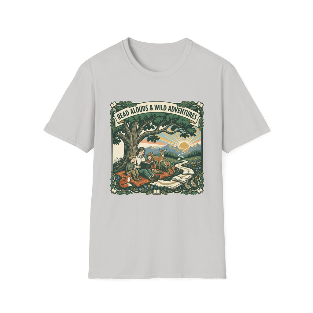 'Read Aloud & Wild Adventures homeschool mom graphic t-shirt with an adventurous homeschool graphic with nature, books, and outdoor learning energy