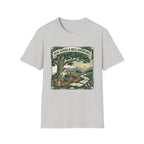'Read Aloud & Wild Adventures homeschool mom graphic t-shirt with an adventurous homeschool graphic with nature, books, and outdoor learning energy