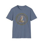 Gather Round Nature & Lore homeschool mom graphic t-shirt with a Charlotte Mason-inspired design with nature details, bookish elements, and classic homeschool lettering