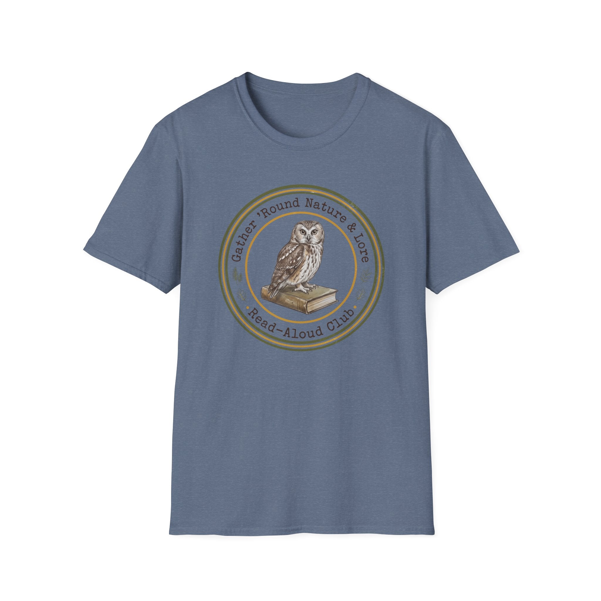 Gather Round Nature & Lore homeschool mom graphic t-shirt with a Charlotte Mason-inspired design with nature details, bookish elements, and classic homeschool lettering