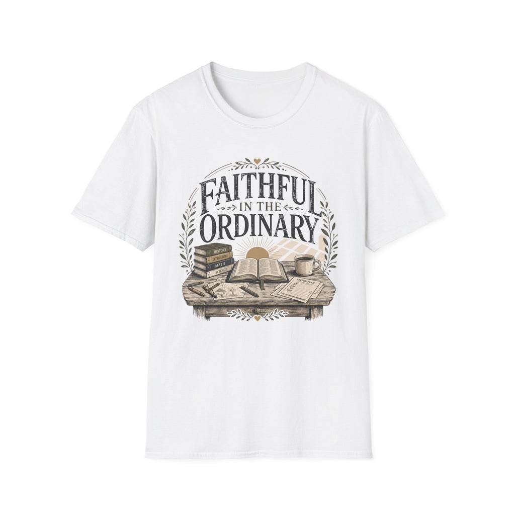 Faithful In The Ordinary homeschool mom graphic t-shirt with a faith-filled homeschool design with gentle lettering and classic illustrative details