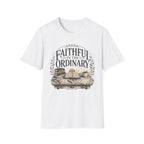 Faithful In The Ordinary homeschool mom graphic t-shirt with a faith-filled homeschool design with gentle lettering and classic illustrative details