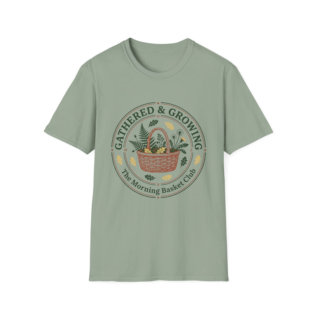 Gathered & Growing homeschool mom graphic t-shirt with a gathered-at-home inspired graphic with books, florals, and cozy family learning details