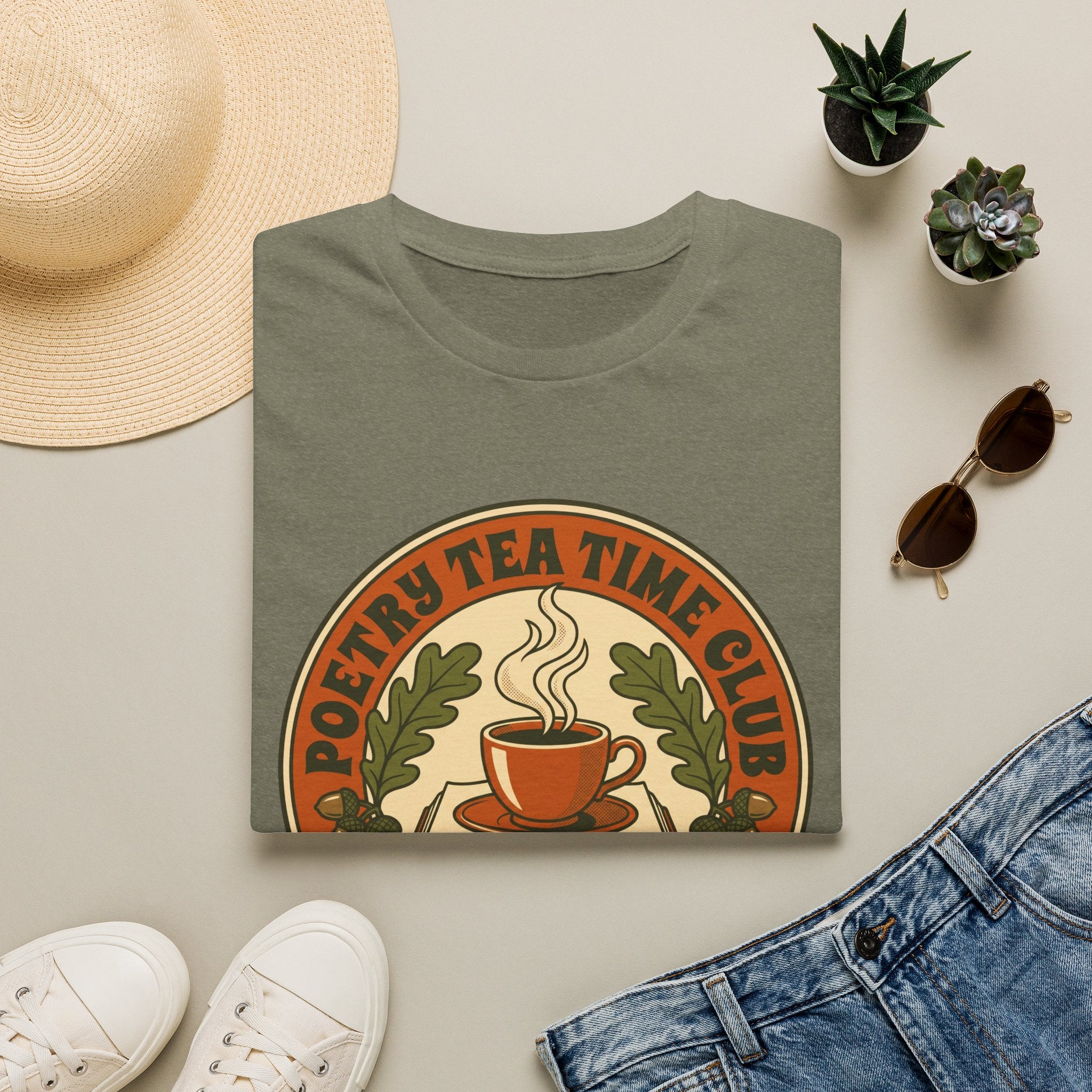 Poetry Tea Time Club homeschool mom graphic t-shirt with a cozy poetry teatime graphic with tea, books, and vintage homeschool charm