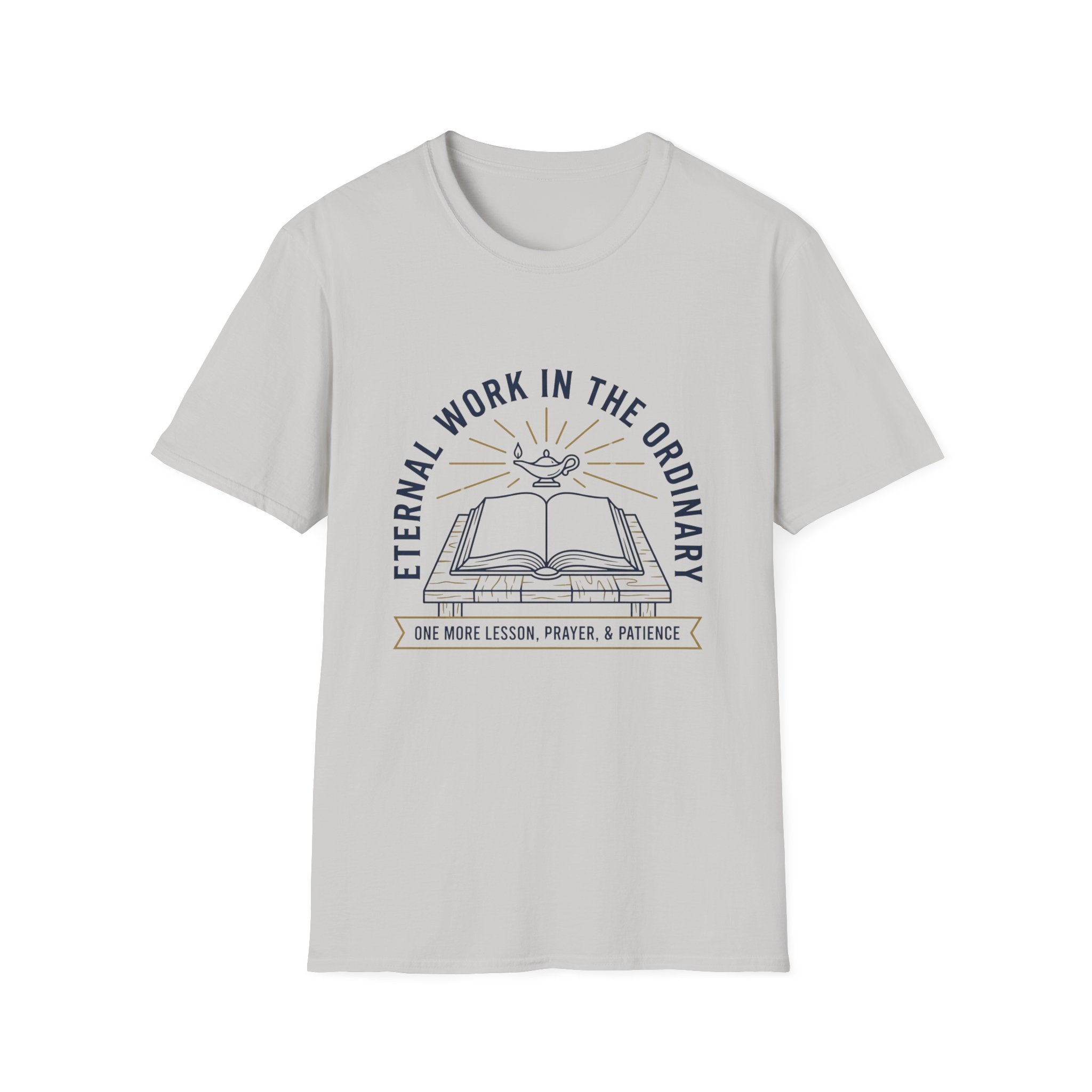 Eternal Work In The Ordinary homeschool mom graphic t-shirt with a faith-filled homeschool design with gentle lettering and classic illustrative details