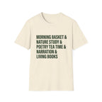 Narration Check List homeschool mom graphic t-shirt with a playful checklist-style homeschool graphic with bookish and nature-inspired details