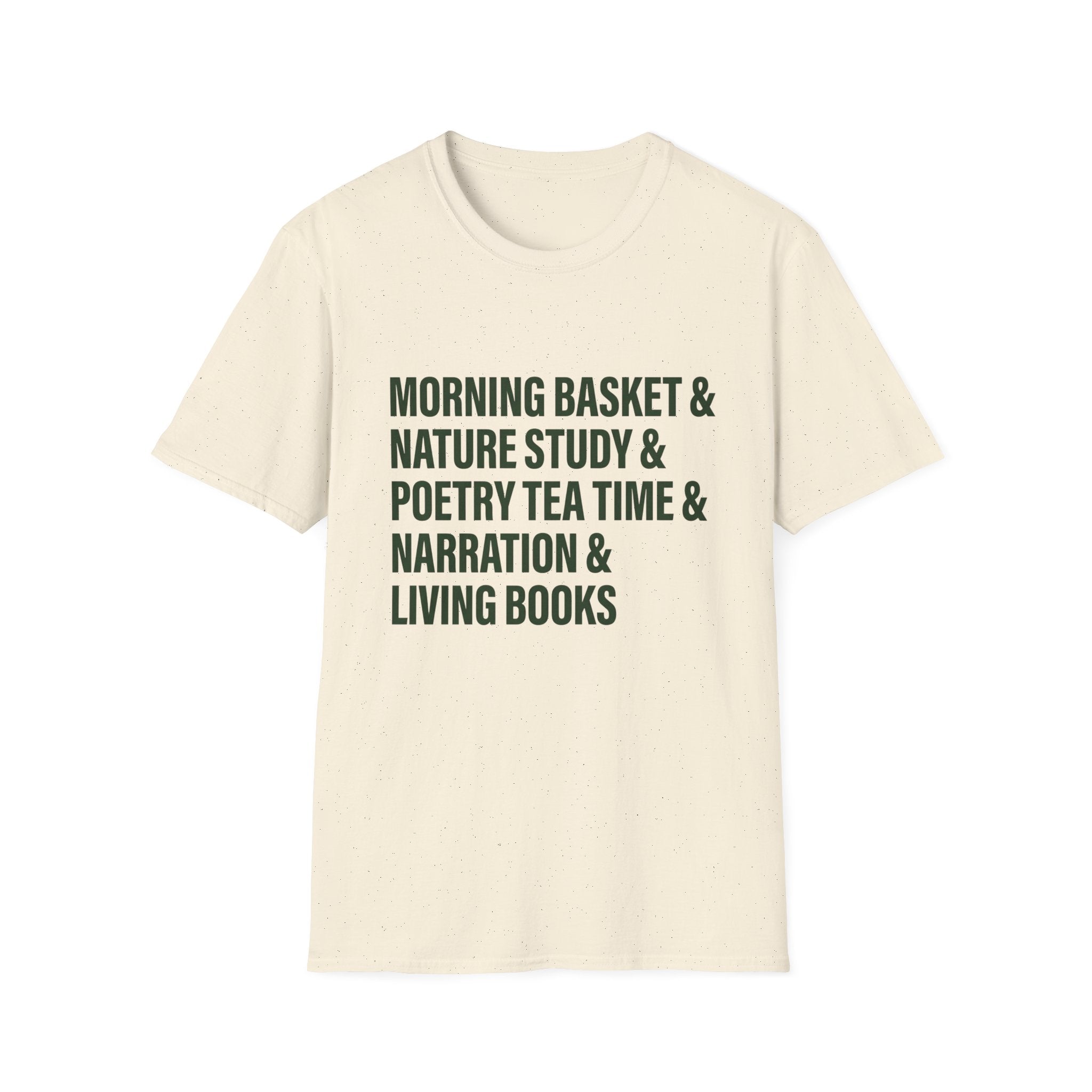 Narration Check List homeschool mom graphic t-shirt with a playful checklist-style homeschool graphic with bookish and nature-inspired details
