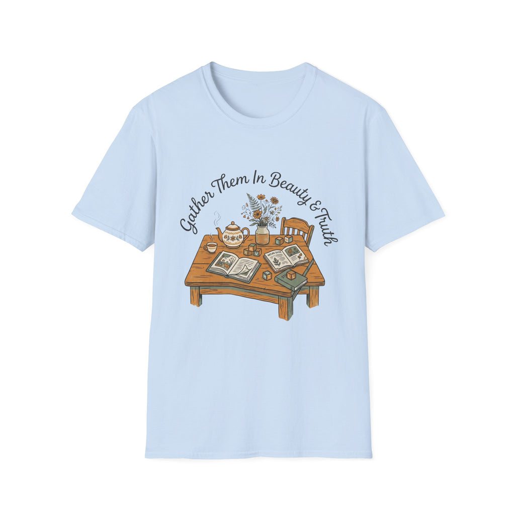 Gather Them In Beauty homeschool mom graphic t-shirt with a gathered-at-home inspired graphic with books, florals, and cozy family learning details
