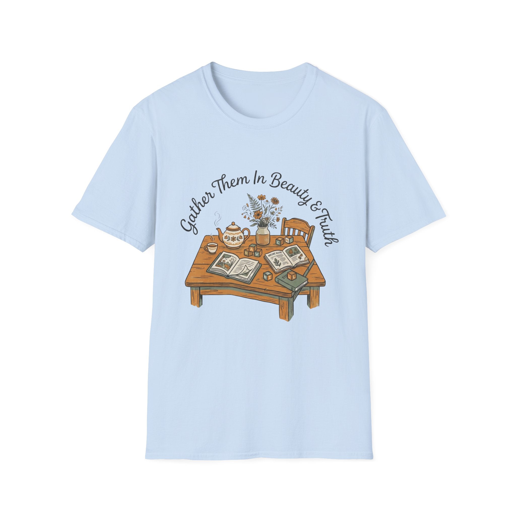 Gather Them In Beauty homeschool mom graphic t-shirt with a gathered-at-home inspired graphic with books, florals, and cozy family learning details