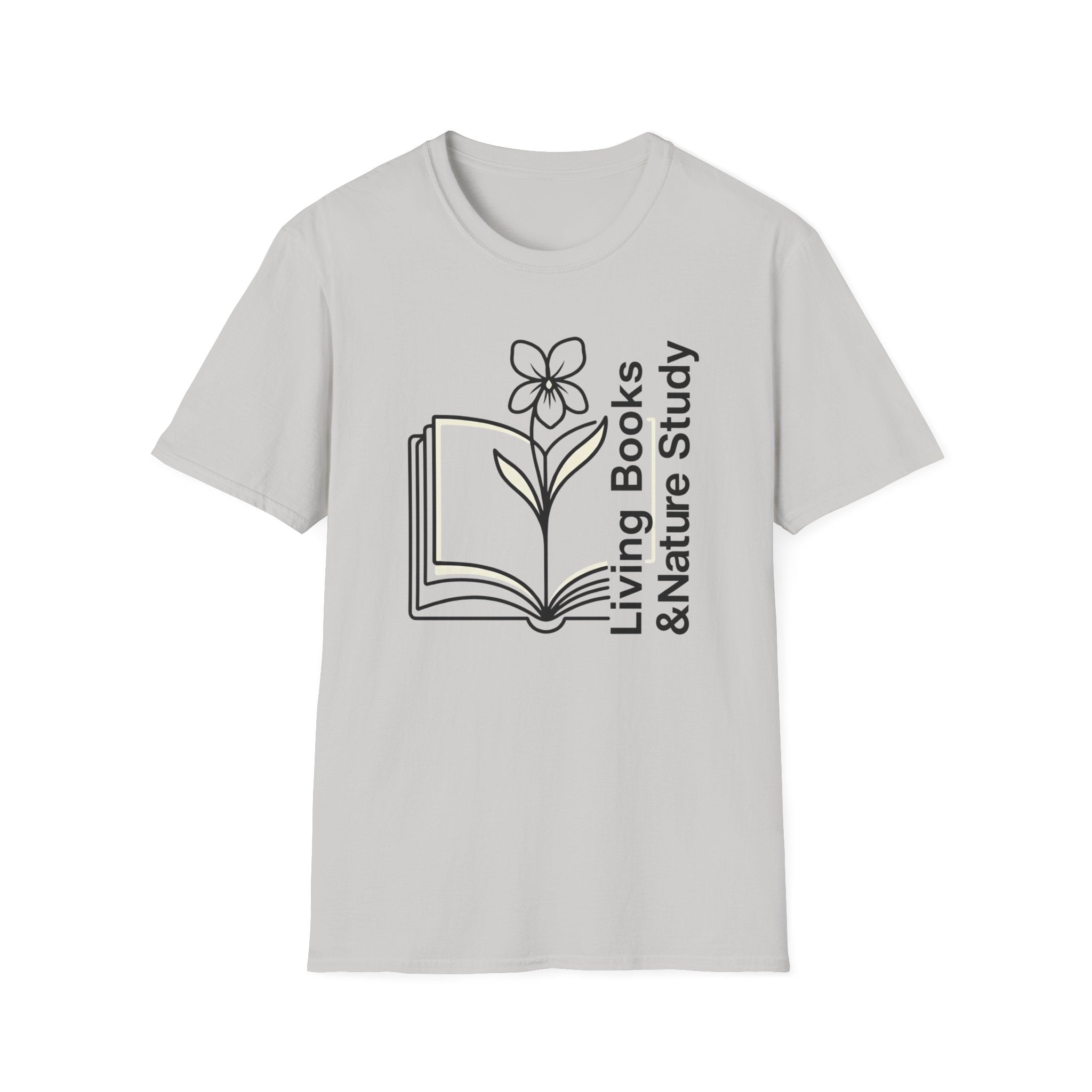 Living Books Nature Study with Flower homeschool mom graphic t-shirt with a Charlotte Mason-inspired design with books, nature details, and vintage homeschool charm