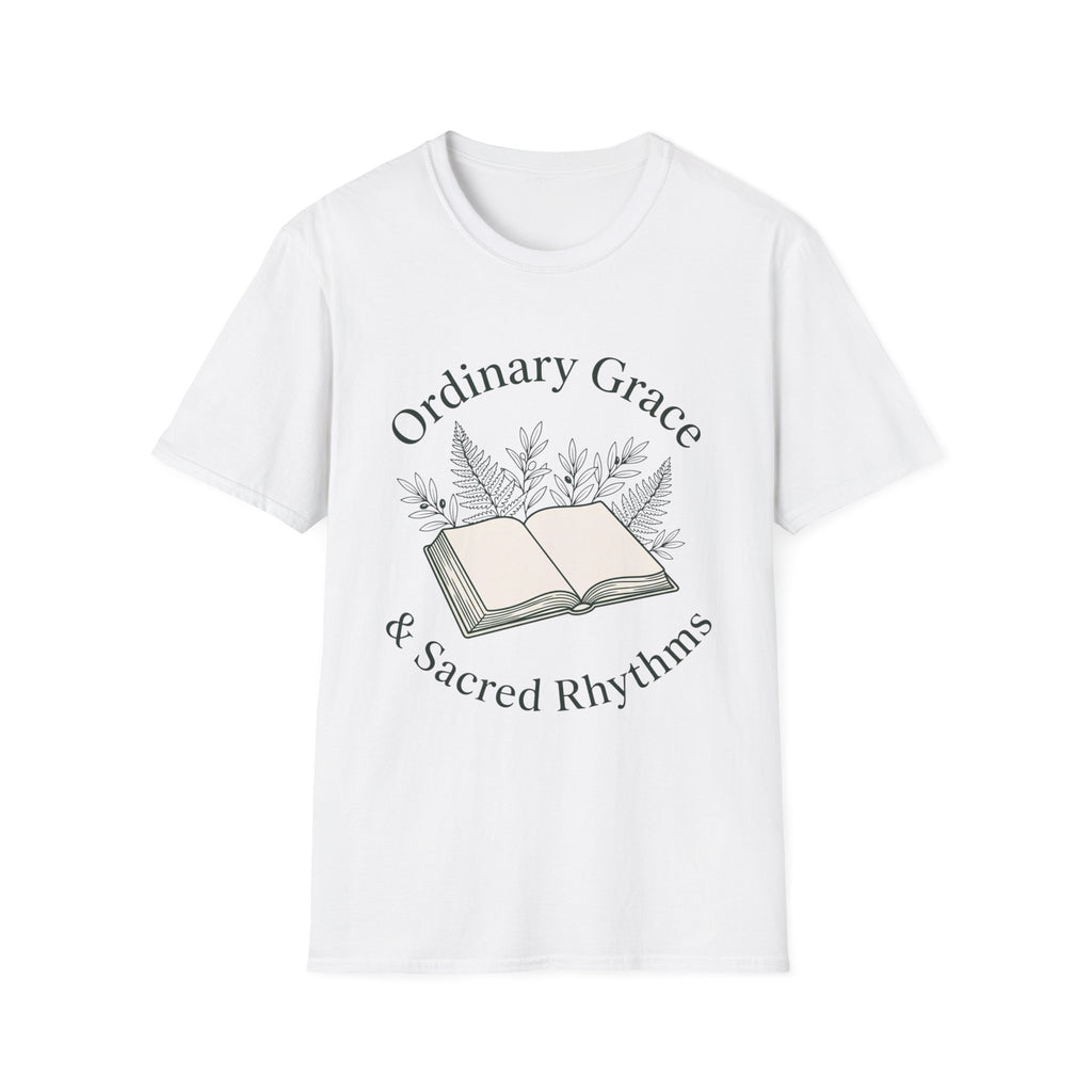 Ordinary Grace homeschool mom graphic t-shirt with a faith-filled homeschool design with gentle lettering and classic illustrative details