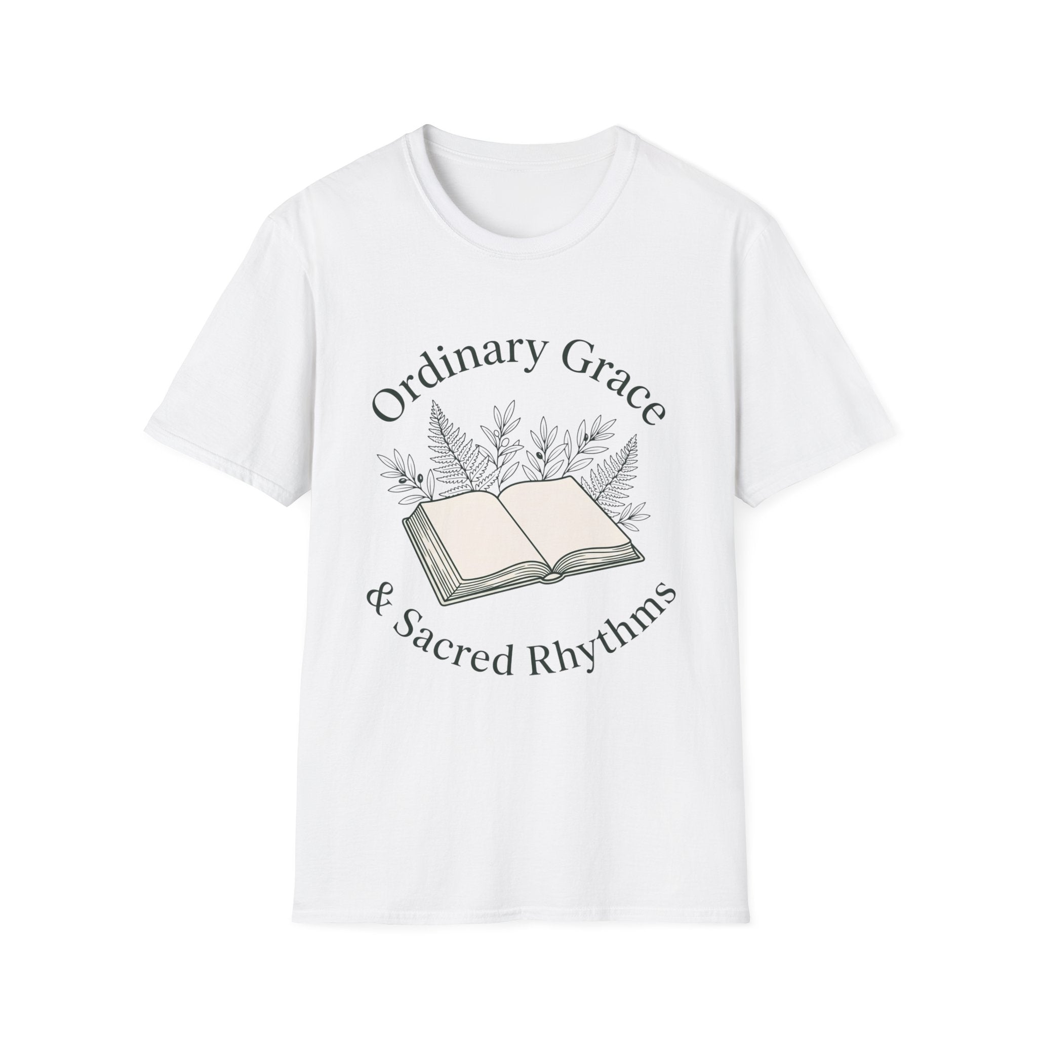Ordinary Grace homeschool mom graphic t-shirt with a faith-filled homeschool design with gentle lettering and classic illustrative details