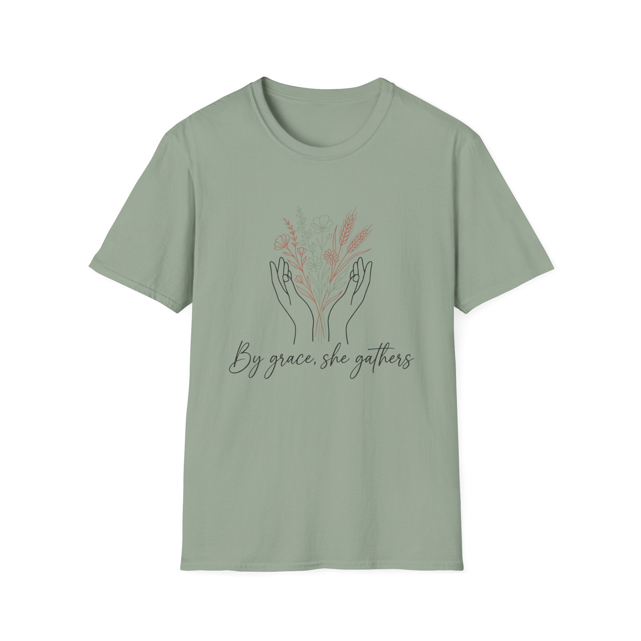 By Grace homeschool mom graphic t-shirt with a faith-filled homeschool design with gentle lettering and classic illustrative details
