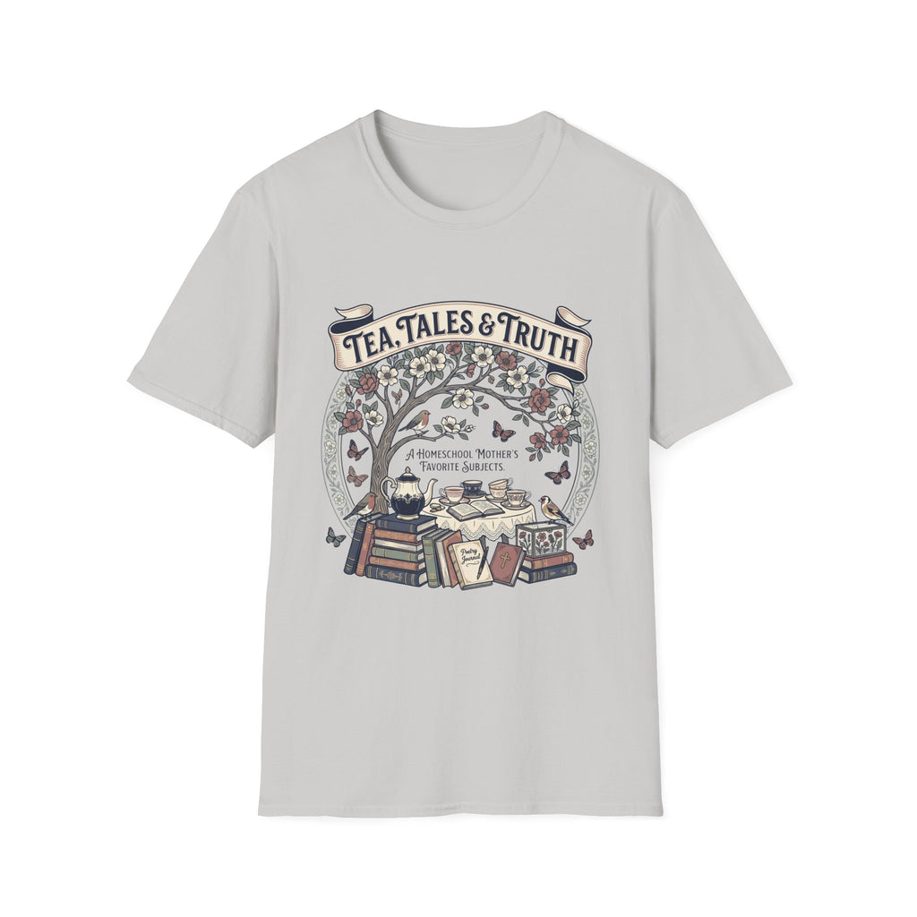 Tea, Tales, & Truth homeschool mom graphic t-shirt with a faith-filled homeschool design with gentle lettering and classic illustrative details