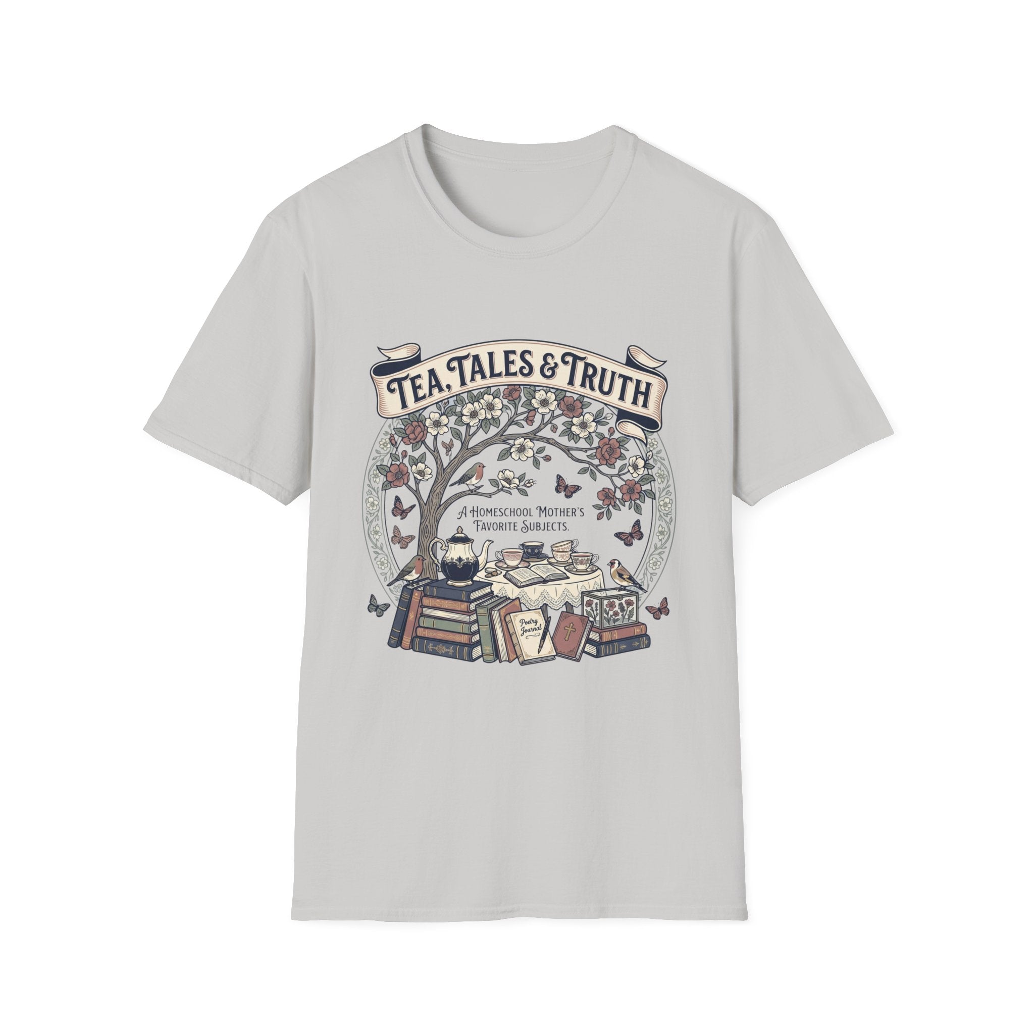 Tea, Tales, & Truth homeschool mom graphic t-shirt with a faith-filled homeschool design with gentle lettering and classic illustrative details