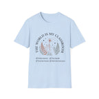 The World Is My Classroom homeschool mom graphic t-shirt with an adventurous homeschool graphic with nature, books, and outdoor learning energy
