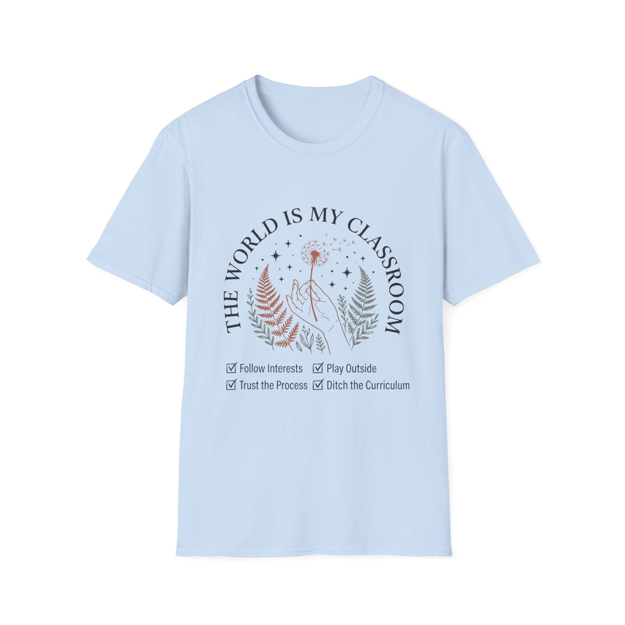 The World Is My Classroom homeschool mom graphic t-shirt with an adventurous homeschool graphic with nature, books, and outdoor learning energy